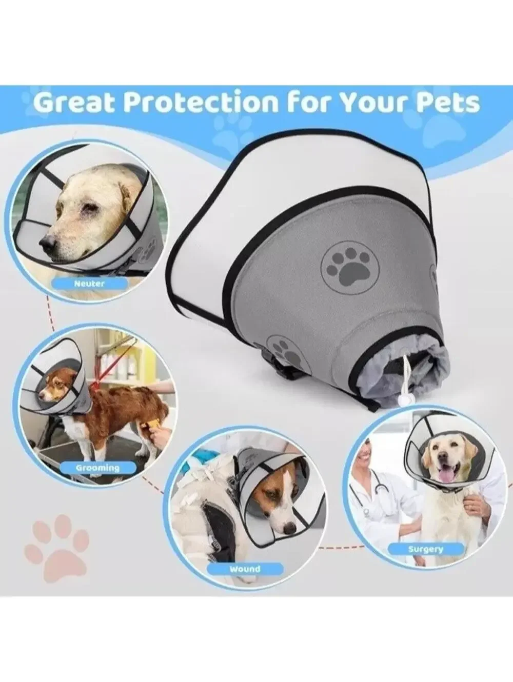Dog Cone After Surgery Soft XL Adjustable Drawstring Buckle Recovery Collar XL